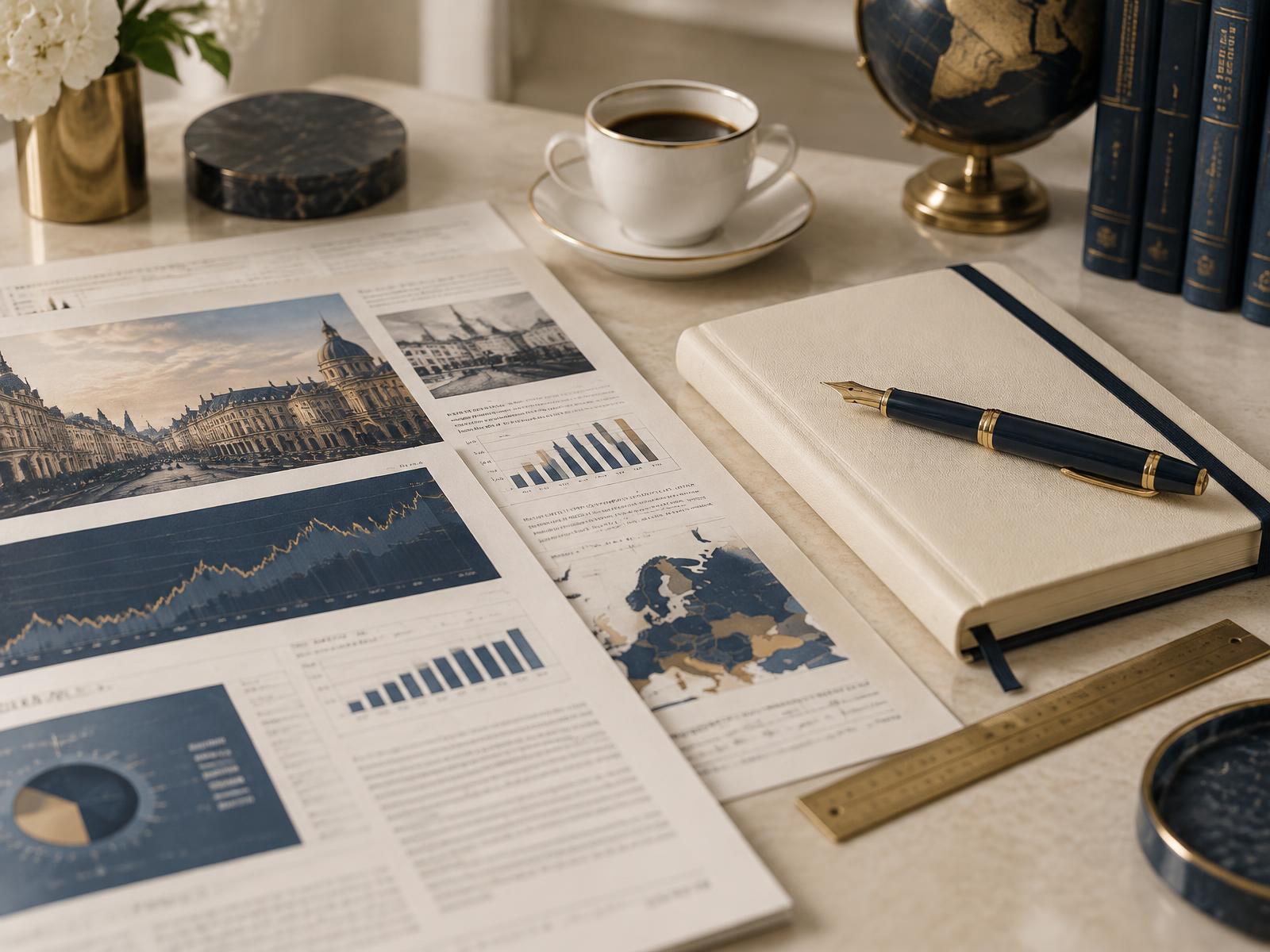 Composition éditoriale : pages d’analyse imprimées, carnet ivoire et stylo sur un bureau clair