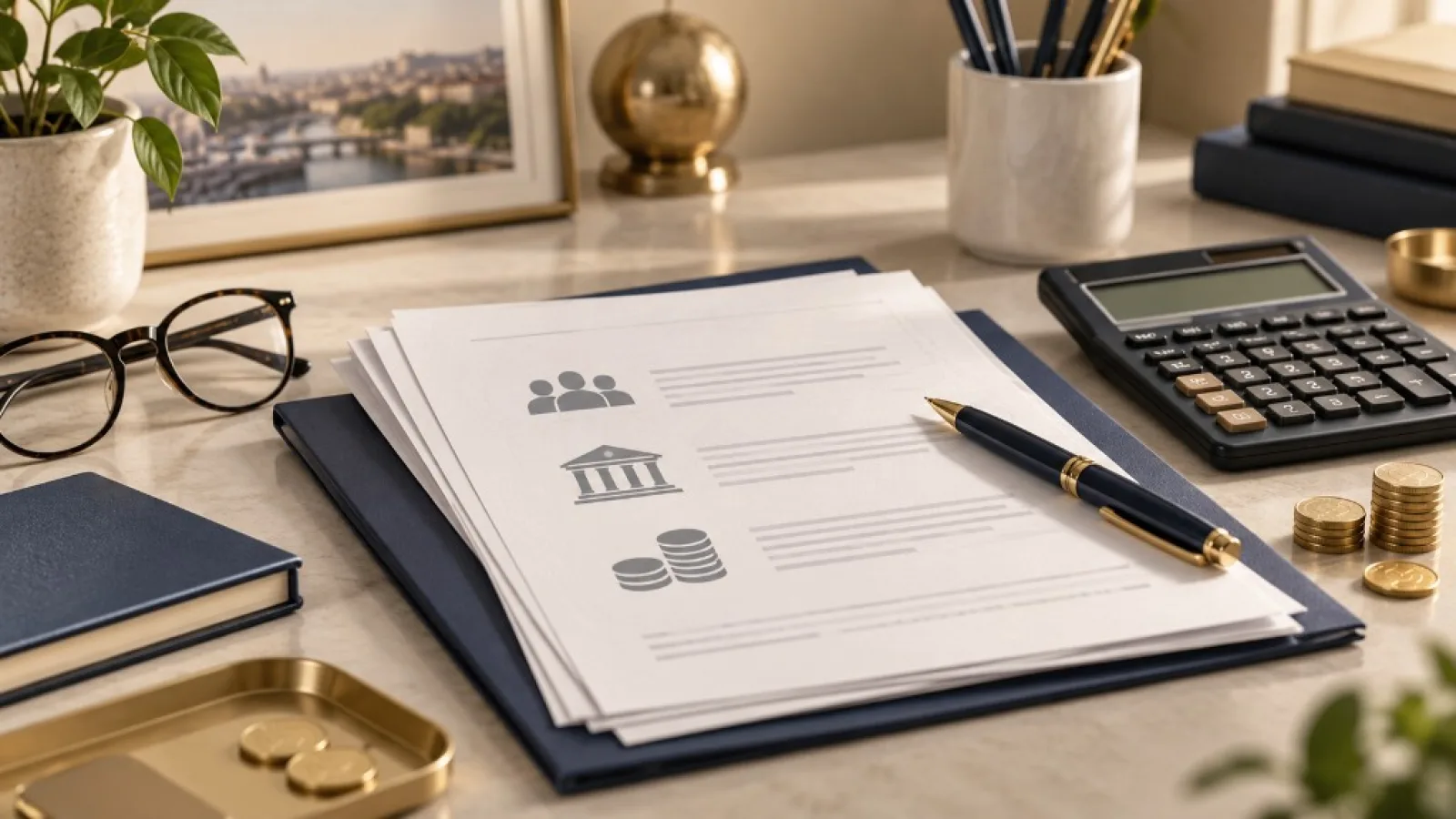 Documents et calculatrice illustrant la fiscalité de l’assurance-vie