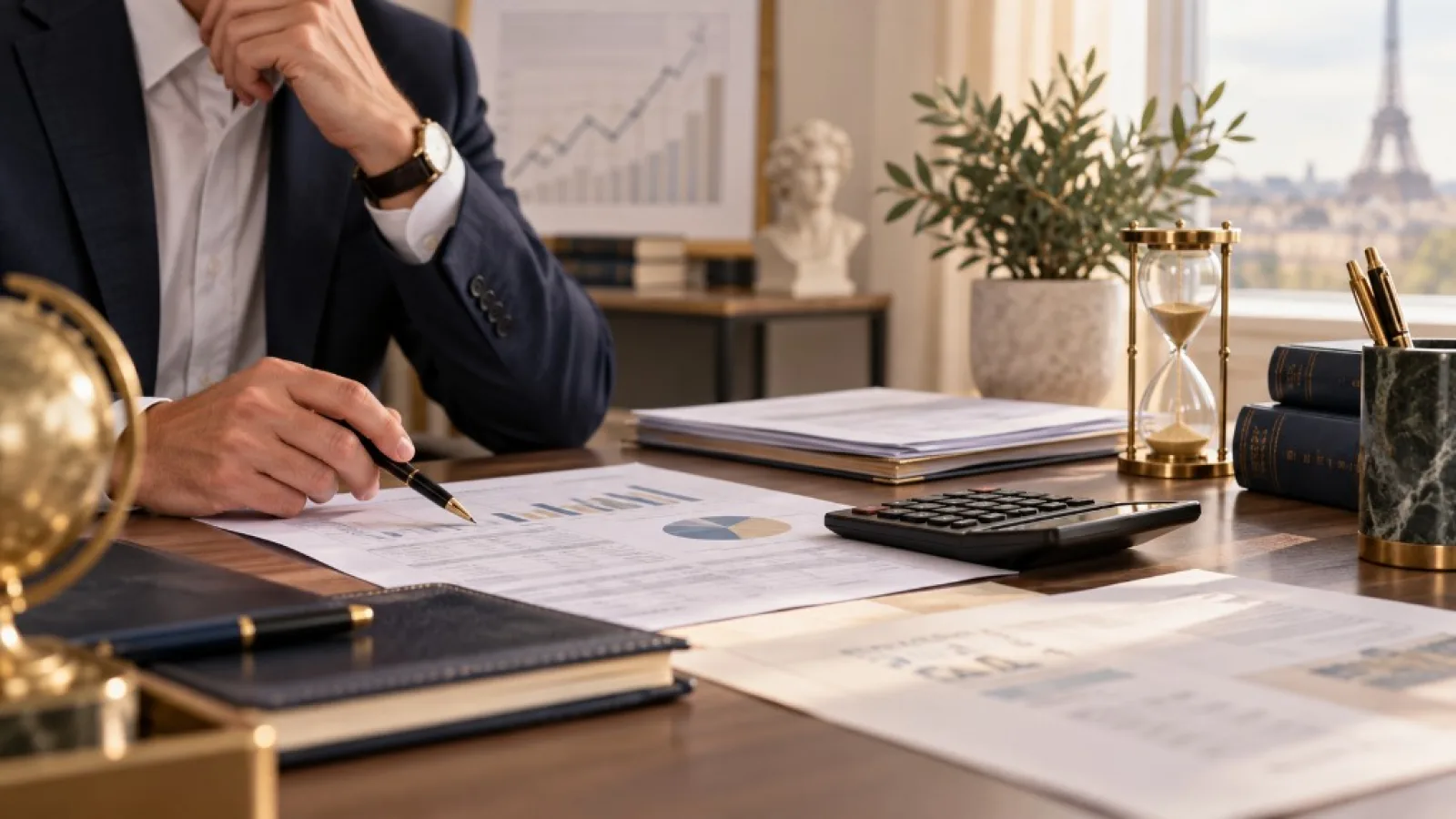 Calculatrice et documents financiers illustrant les prélèvements sociaux sur l’assurance-vie