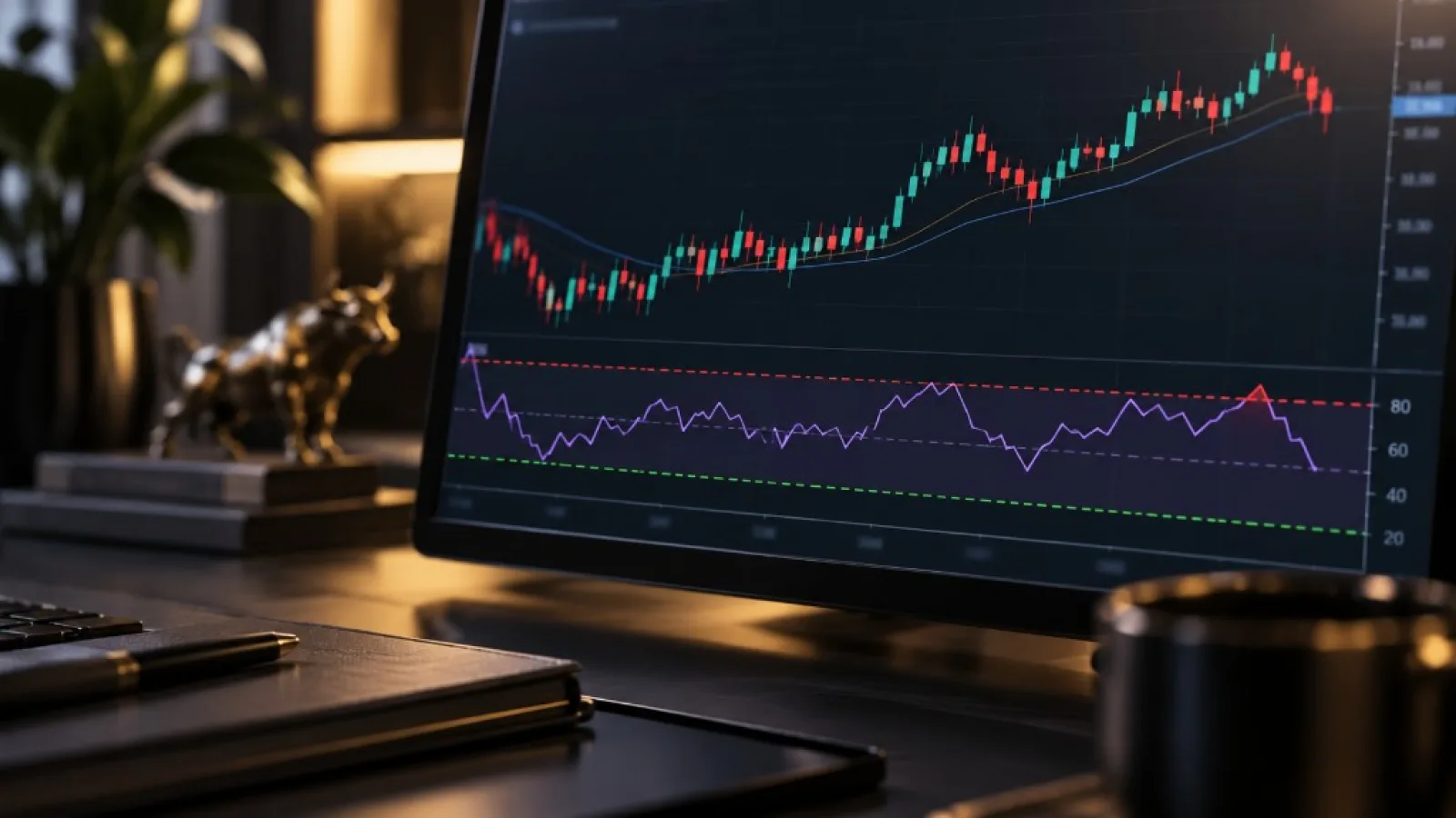 Espace de trading avec chandeliers et indicateurs sur écran
