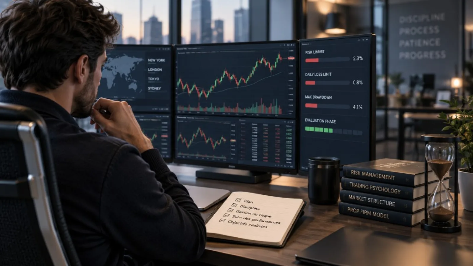 Trader suivant des règles de risque et une phase d’évaluation de prop firm