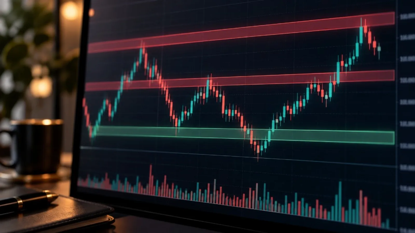 Analyse boursière sur écran avec lecture technique du prix