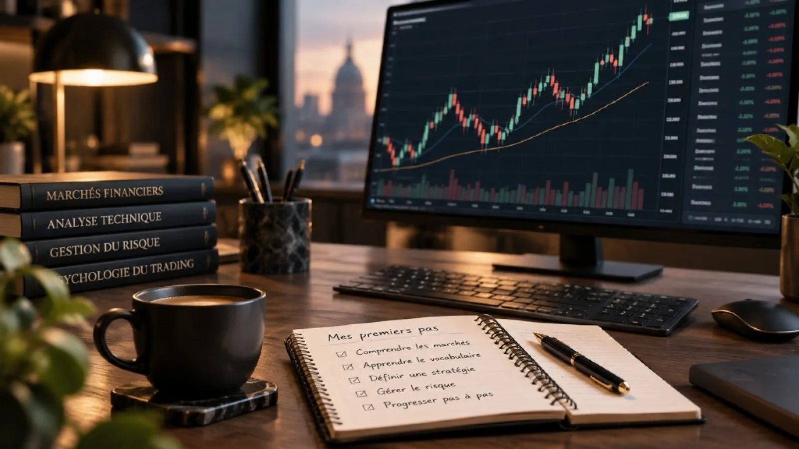 Espace d’étude d’un trader débutant avec checklist et ouvrages de référence
