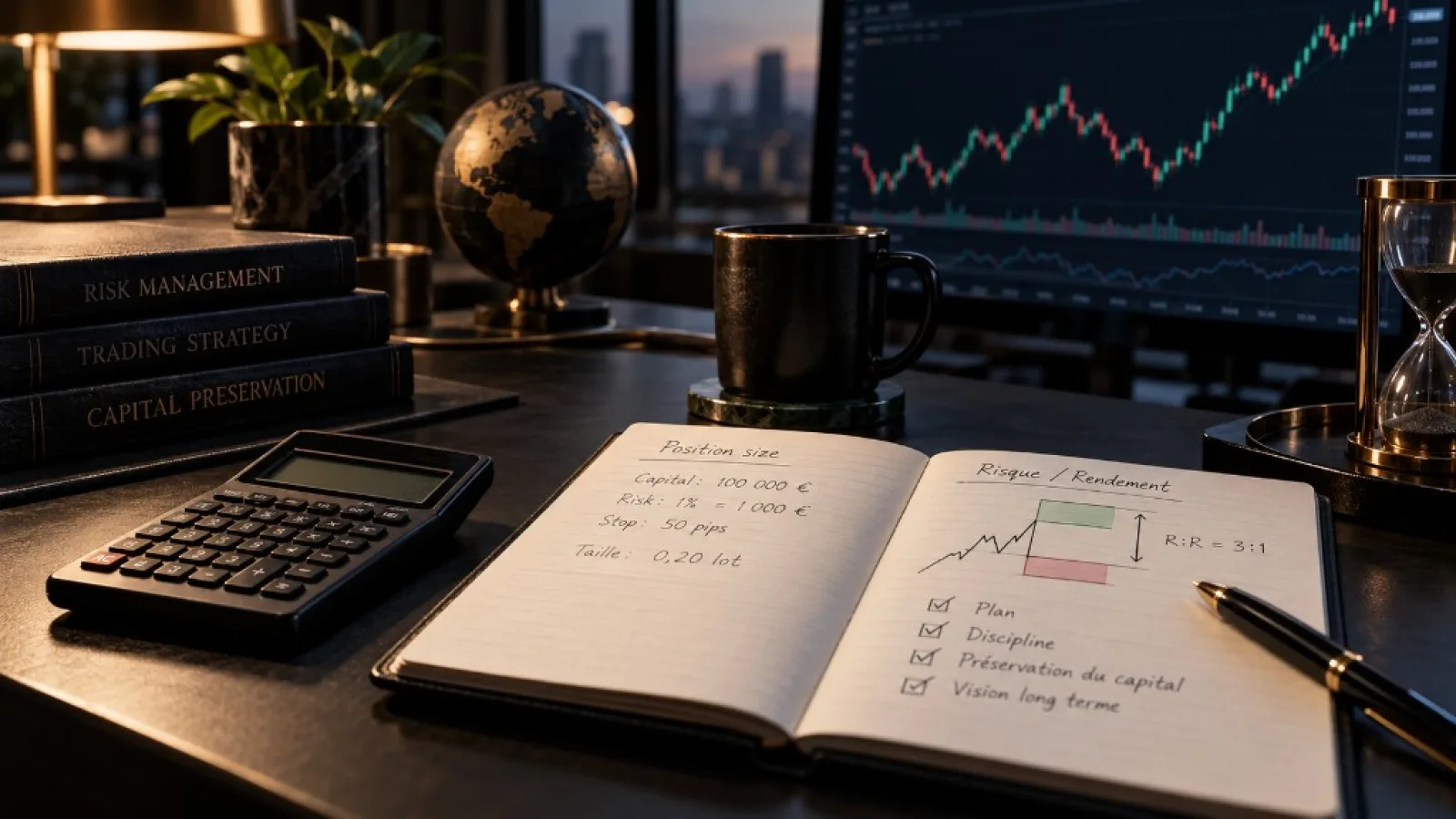 Bureau stratégique avec calculs de taille de position et ratio risque-rendement
