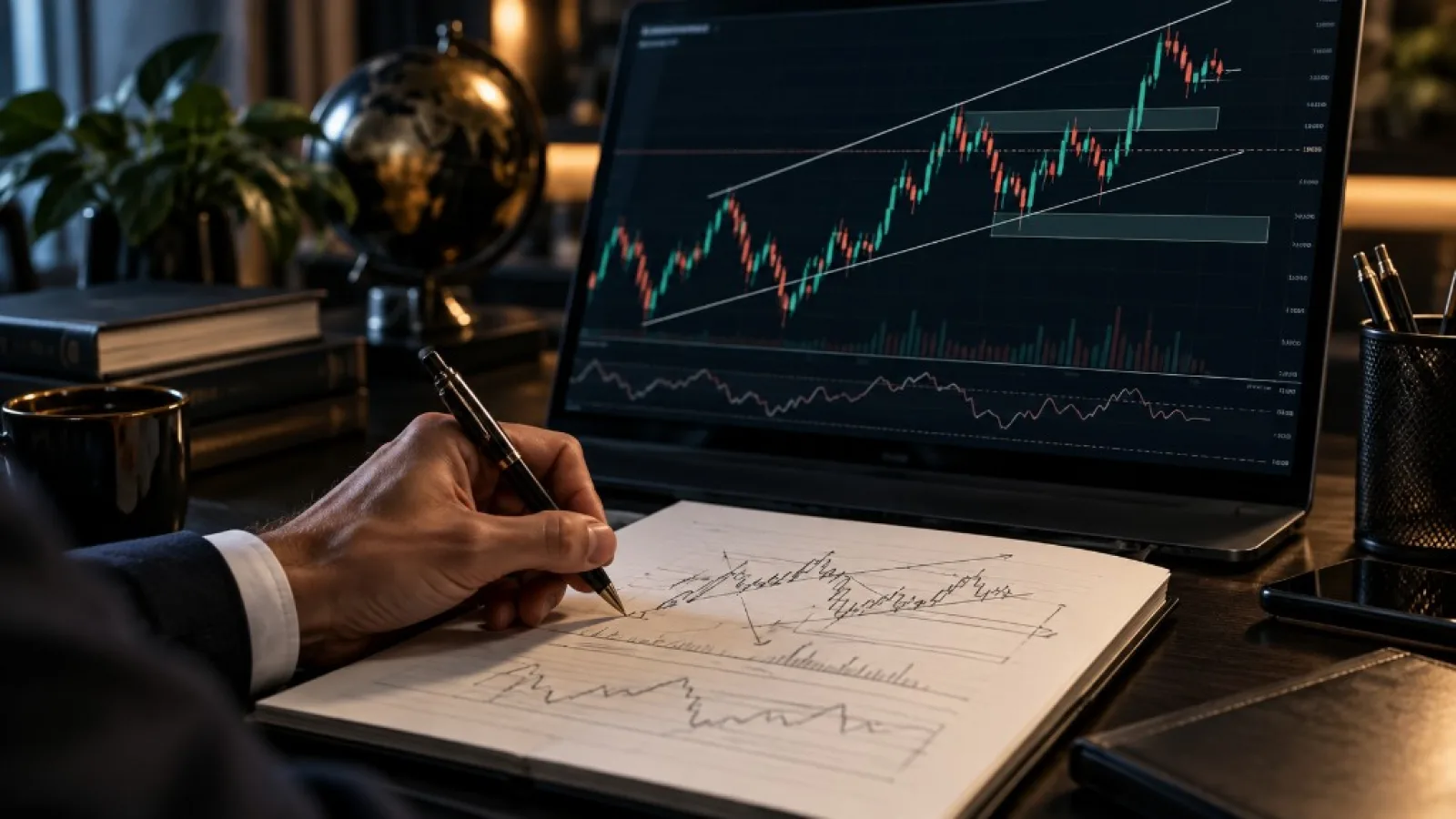 Prise de notes d’analyse technique sur un bureau de travail